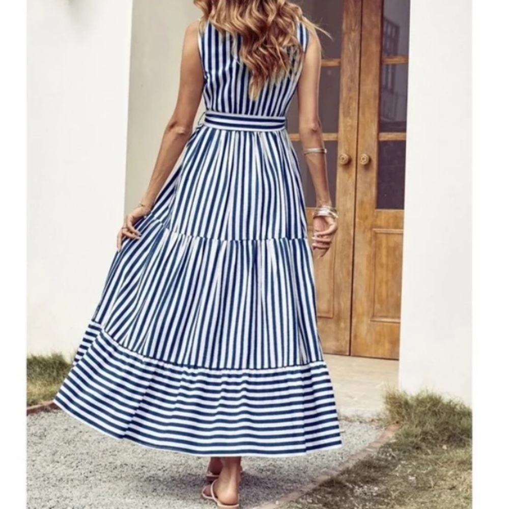 Boho Green White Striped Sleeveless Belted Maxi Dress - Picture 8 of 11